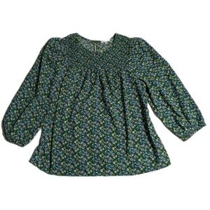 Pleione Green Floral Smocked Blouse Womens Medium Puff Sleeve Peasant Top